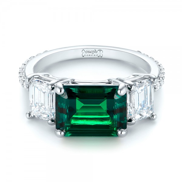  Platinum Custom Three Stone Emerald And Diamond Engagement Ring - Flat View -  103528