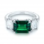  Platinum Custom Three Stone Emerald And Diamond Engagement Ring - Flat View -  103528 - Thumbnail