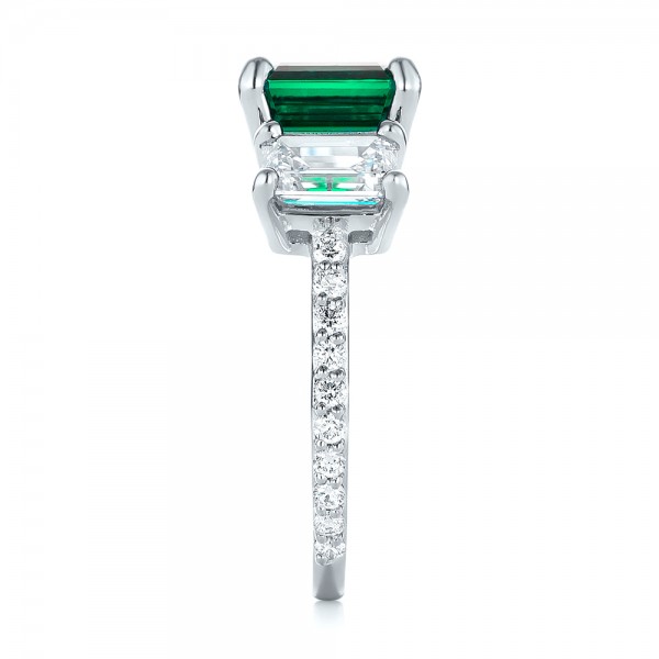 18k White Gold 18k White Gold Custom Three Stone Emerald And Diamond Engagement Ring - Side View -  103528