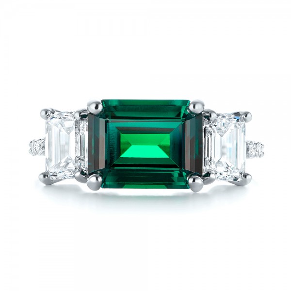  Platinum Custom Three Stone Emerald And Diamond Engagement Ring - Top View -  103528