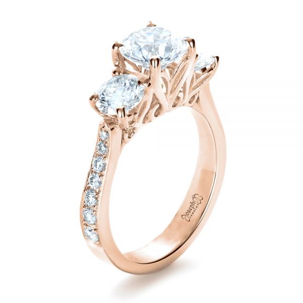 18k Rose Gold 18k Rose Gold Custom Three Stone Engagement Ring - Three-Quarter View -  1315