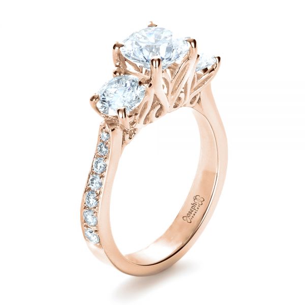 14k Rose Gold 14k Rose Gold Custom Three Stone Engagement Ring - Three-Quarter View -  1315