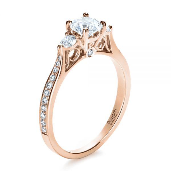 18k Rose Gold 18k Rose Gold Custom Three Stone Engagement Ring - Three-Quarter View -  1386