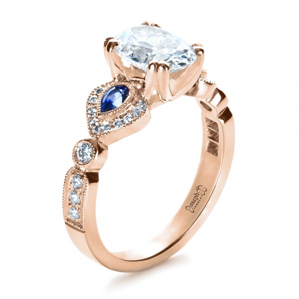 18k Rose Gold 18k Rose Gold Custom Three Stone Engagement Ring - Three-Quarter View -  1399