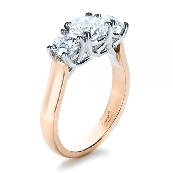 14k Rose Gold And Platinum 14k Rose Gold And Platinum Custom Three Stone Engagement Ring - Three-Quarter View -  1412