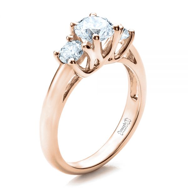 18k Rose Gold 18k Rose Gold Custom Three Stone Engagement Ring - Three-Quarter View -  1458