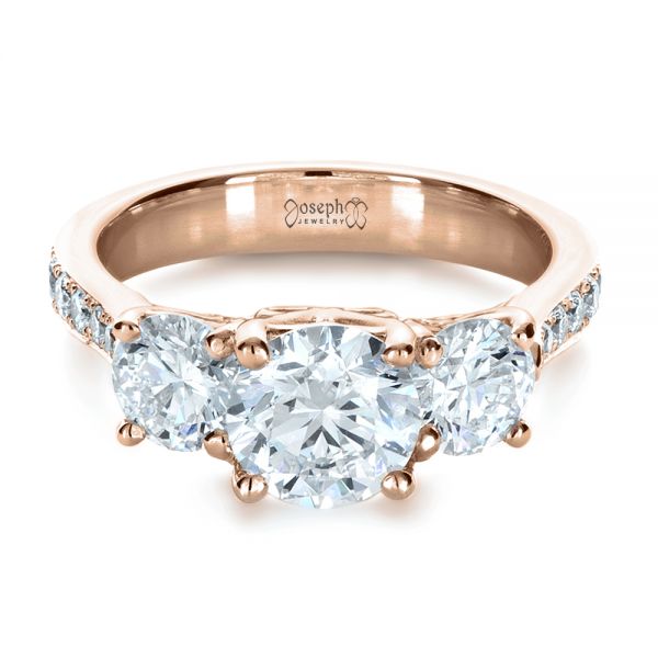 18k Rose Gold 18k Rose Gold Custom Three Stone Engagement Ring - Flat View -  1315