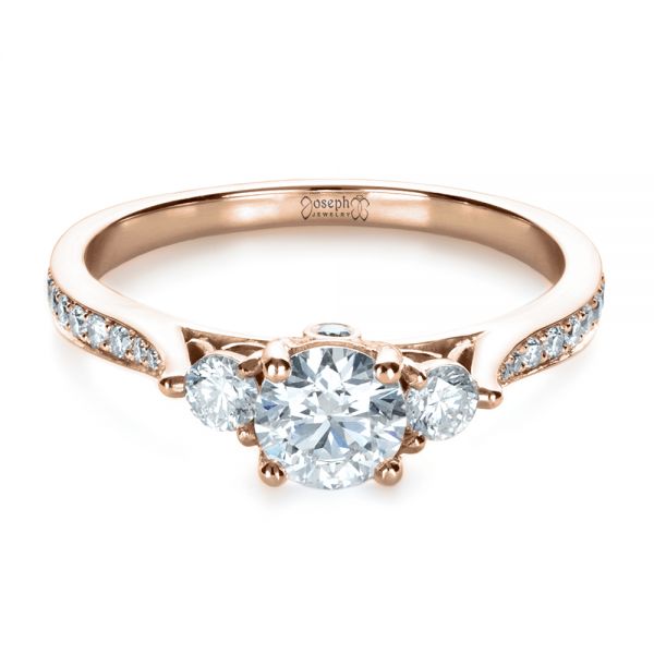 14k Rose Gold 14k Rose Gold Custom Three Stone Engagement Ring - Flat View -  1386