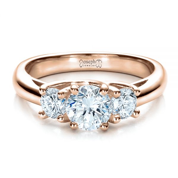 18k Rose Gold 18k Rose Gold Custom Three Stone Engagement Ring - Flat View -  1458