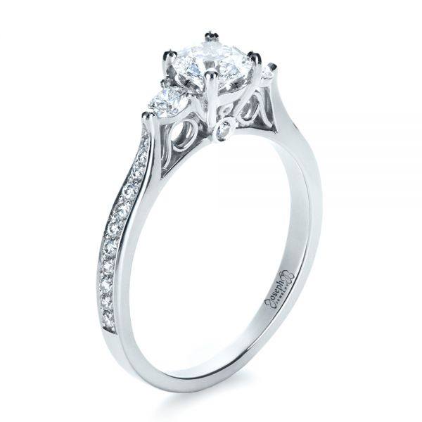 18k White Gold 18k White Gold Custom Three Stone Engagement Ring - Three-Quarter View -  1386