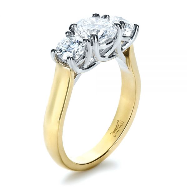 14k Yellow Gold And Platinum 14k Yellow Gold And Platinum Custom Three Stone Engagement Ring - Three-Quarter View -  1412