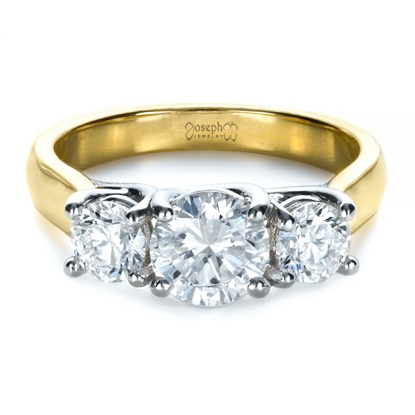 18k Yellow Gold And Platinum Custom Three Stone Engagement Ring - Flat View - 1412