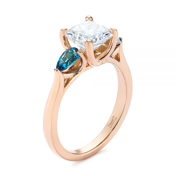 14k Rose Gold Custom Three Stone London Blue Topaz And Diamond Engagement Ring - Three-Quarter View -  104059