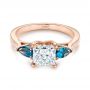 14k Rose Gold Custom Three Stone London Blue Topaz And Diamond Engagement Ring - Flat View -  104059 - Thumbnail