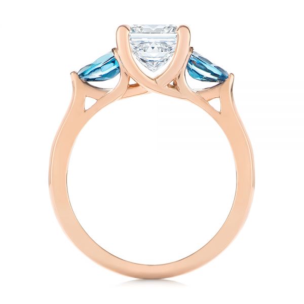 14k Rose Gold Custom Three Stone London Blue Topaz And Diamond Engagement Ring - Front View - 104059