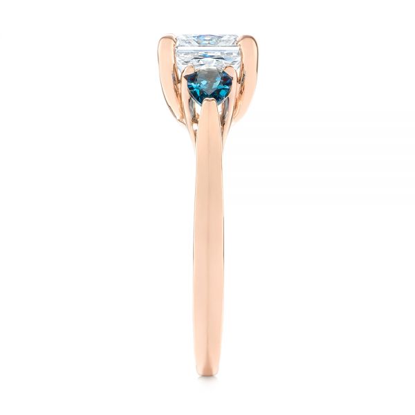 14k Rose Gold Custom Three Stone London Blue Topaz And Diamond Engagement Ring - Side View - 104059