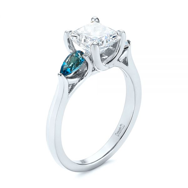  Platinum Platinum Custom Three Stone London Blue Topaz And Diamond Engagement Ring - Three-Quarter View -  104059