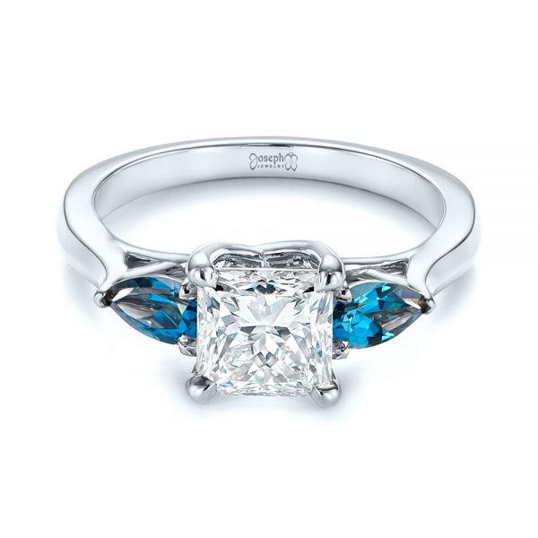 18k White Gold 18k White Gold Custom Three Stone London Blue Topaz And Diamond Engagement Ring - Flat View -  104059