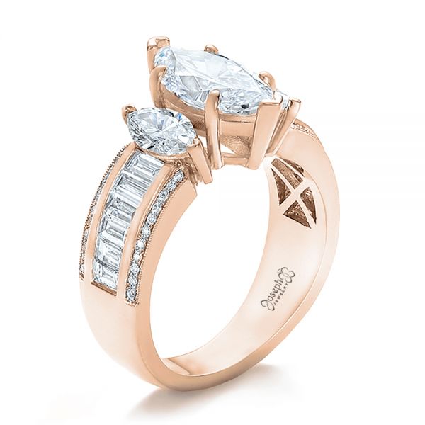 18k Rose Gold 18k Rose Gold Custom Three Stone Marquise And Baguette Diamond Engagement Ring - Three-Quarter View - 100635