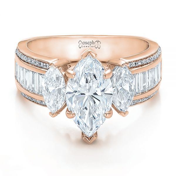 18k Rose Gold 18k Rose Gold Custom Three Stone Marquise And Baguette Diamond Engagement Ring - Flat View - 100635