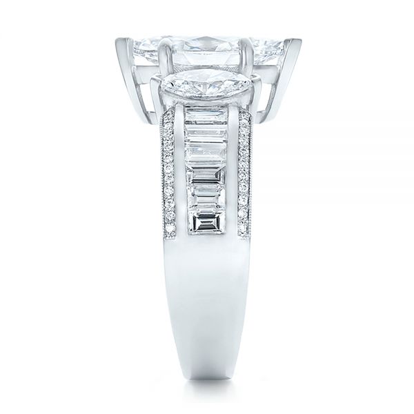 Platinum Custom Three Stone Marquise And Baguette Diamond Engagement Ring - Side View - 100635