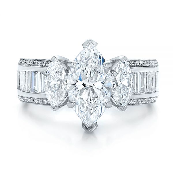 Platinum Custom Three Stone Marquise And Baguette Diamond Engagement Ring - Top View - 100635