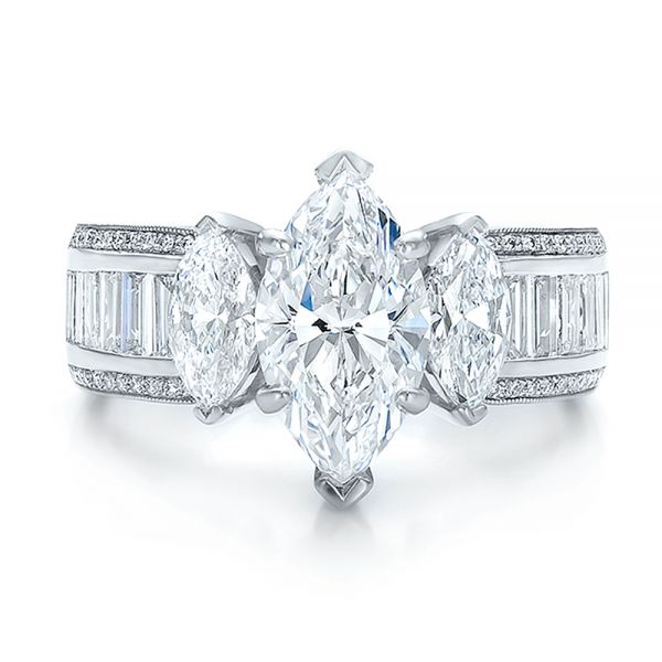  Platinum Custom Three Stone Marquise And Baguette Diamond Engagement Ring - Top View -  100635