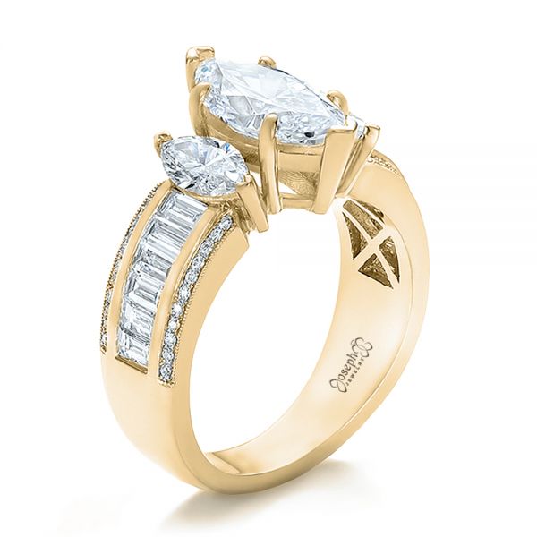 18k Yellow Gold 18k Yellow Gold Custom Three Stone Marquise And Baguette Diamond Engagement Ring - Three-Quarter View -  100635