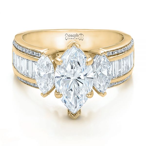 18k Yellow Gold 18k Yellow Gold Custom Three Stone Marquise And Baguette Diamond Engagement Ring - Flat View - 100635