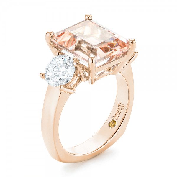 18k Rose Gold 18k Rose Gold Custom Three Stone Morganite And Diamond Engagement Ring - Three-Quarter View -  102885