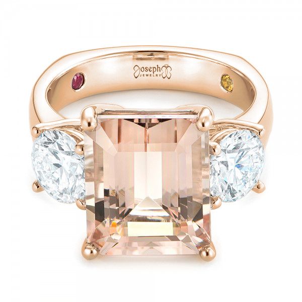 18k Rose Gold 18k Rose Gold Custom Three Stone Morganite And Diamond Engagement Ring - Flat View -  102885