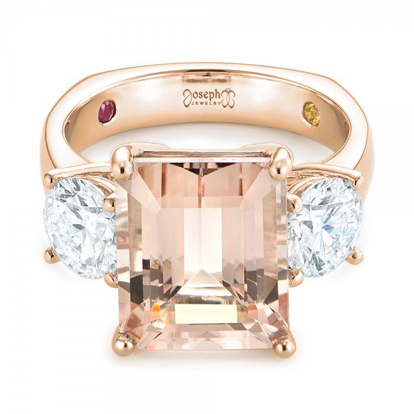 14k Rose Gold 14k Rose Gold Custom Three Stone Morganite And Diamond Engagement Ring - Flat View - 102885