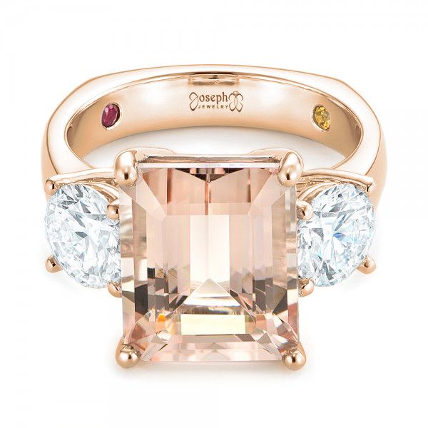 14k Rose Gold 14k Rose Gold Custom Three Stone Morganite And Diamond Engagement Ring - Flat View -  102885