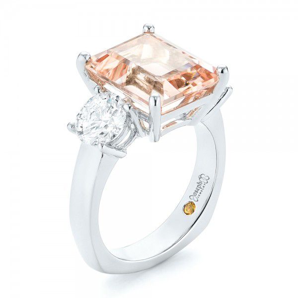 18k White Gold 18k White Gold Custom Three Stone Morganite And Diamond Engagement Ring - Three-Quarter View -  102885