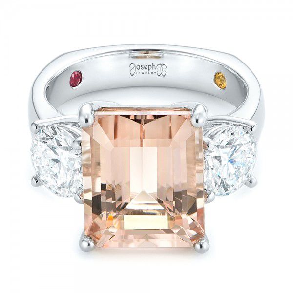  Platinum Custom Three Stone Morganite And Diamond Engagement Ring - Flat View -  102885