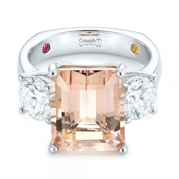 14k White Gold 14k White Gold Custom Three Stone Morganite And Diamond Engagement Ring - Flat View -  102885