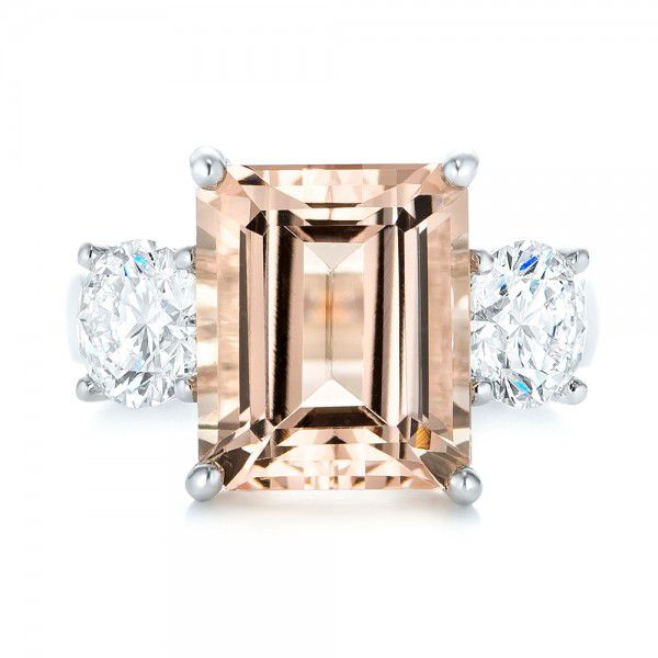  Platinum Custom Three Stone Morganite And Diamond Engagement Ring - Top View -  102885