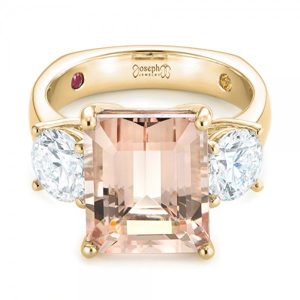 18k Yellow Gold 18k Yellow Gold Custom Three Stone Morganite And Diamond Engagement Ring - Flat View -  102885