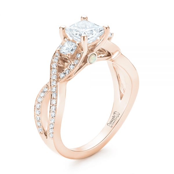 18k Rose Gold 18k Rose Gold Custom Three Stone Opal And Diamond Engagement Ring - Three-Quarter View -  103398