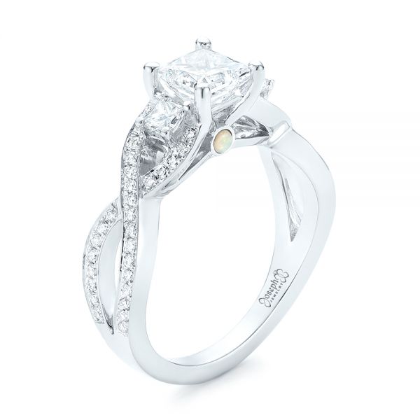 14k White Gold Custom Three Stone Opal And Diamond Engagement Ring - Three-Quarter View -  103398