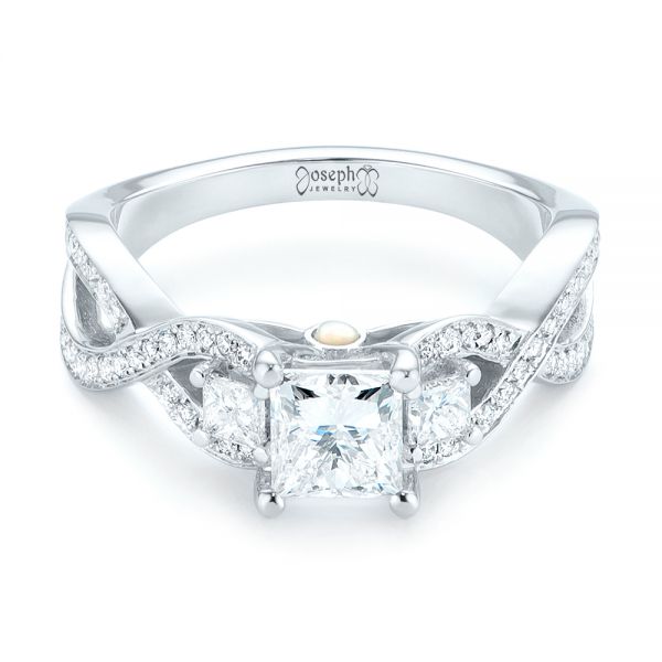14k White Gold Custom Three Stone Opal And Diamond Engagement Ring - Flat View -  103398