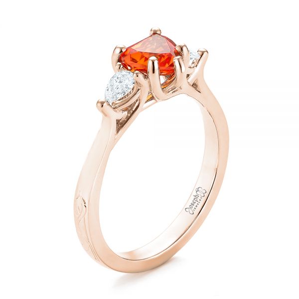 18k Rose Gold 18k Rose Gold Custom Three Stone Orange Sapphire And Diamond Engagement Ring - Three-Quarter View -  103368