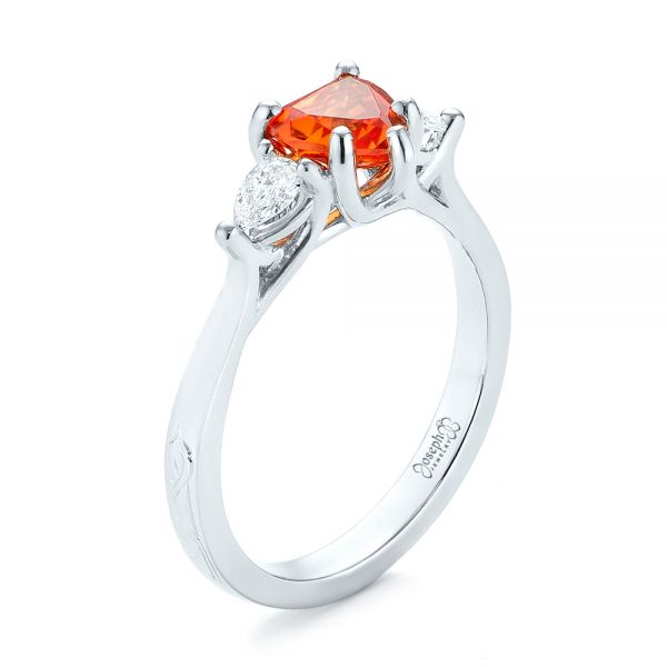  Platinum Custom Three Stone Orange Sapphire And Diamond Engagement Ring - Three-Quarter View -  103368