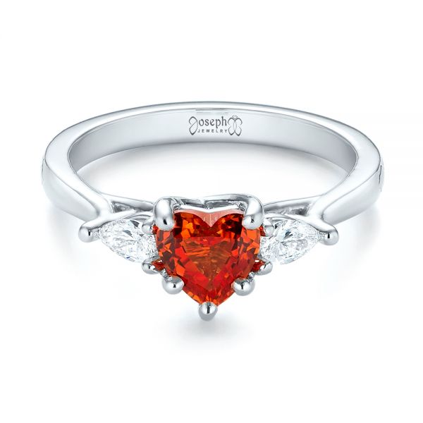  Platinum Custom Three Stone Orange Sapphire And Diamond Engagement Ring - Flat View -  103368