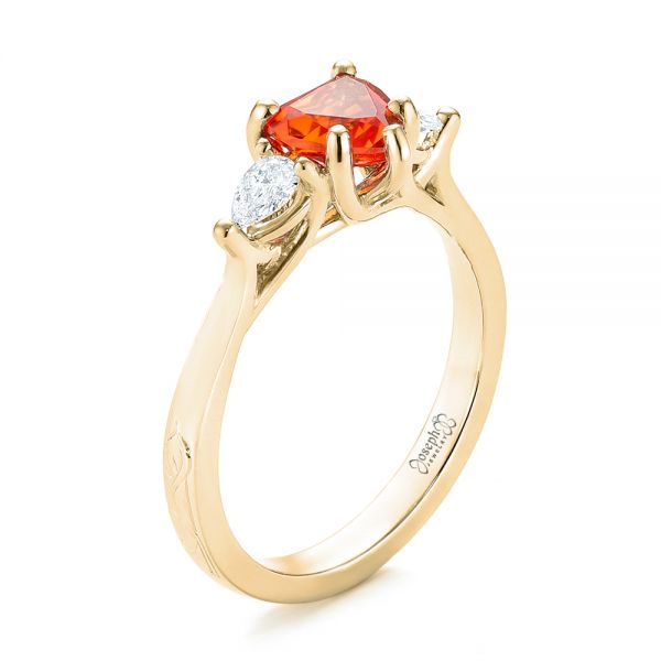 14k Yellow Gold 14k Yellow Gold Custom Three Stone Orange Sapphire And Diamond Engagement Ring - Three-Quarter View - 103368