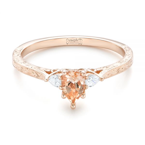 18k Rose Gold 18k Rose Gold Custom Three Stone Morganite And Diamond Engagement Ring - Flat View -  102949