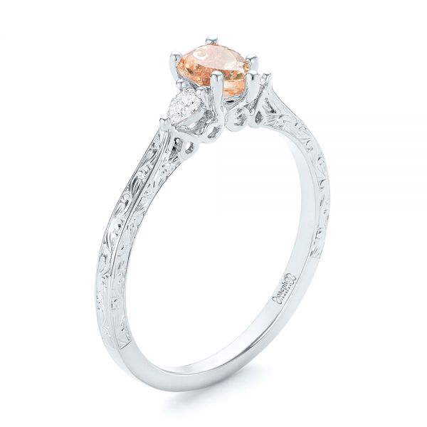  Platinum Platinum Custom Three Stone Morganite And Diamond Engagement Ring - Three-Quarter View -  102949