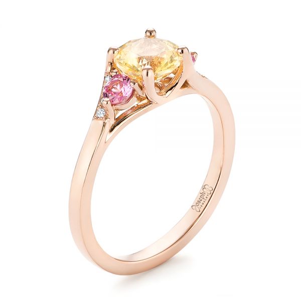 14k Rose Gold Custom Three Stone Yellow And Pink Sapphire And Diamond Engagement Ring - Three-Quarter View -  103216