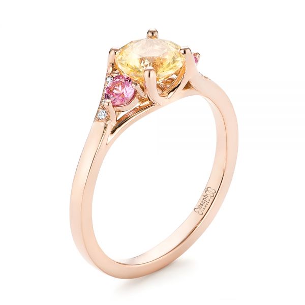 18k Rose Gold 18k Rose Gold Custom Three Stone Yellow And Pink Sapphire And Diamond Engagement Ring - Three-Quarter View -  103216