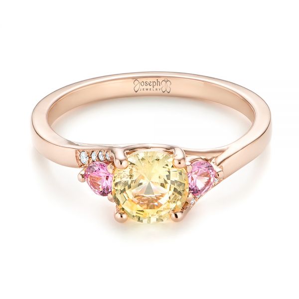 14k Rose Gold Custom Three Stone Yellow And Pink Sapphire And Diamond Engagement Ring - Flat View -  103216